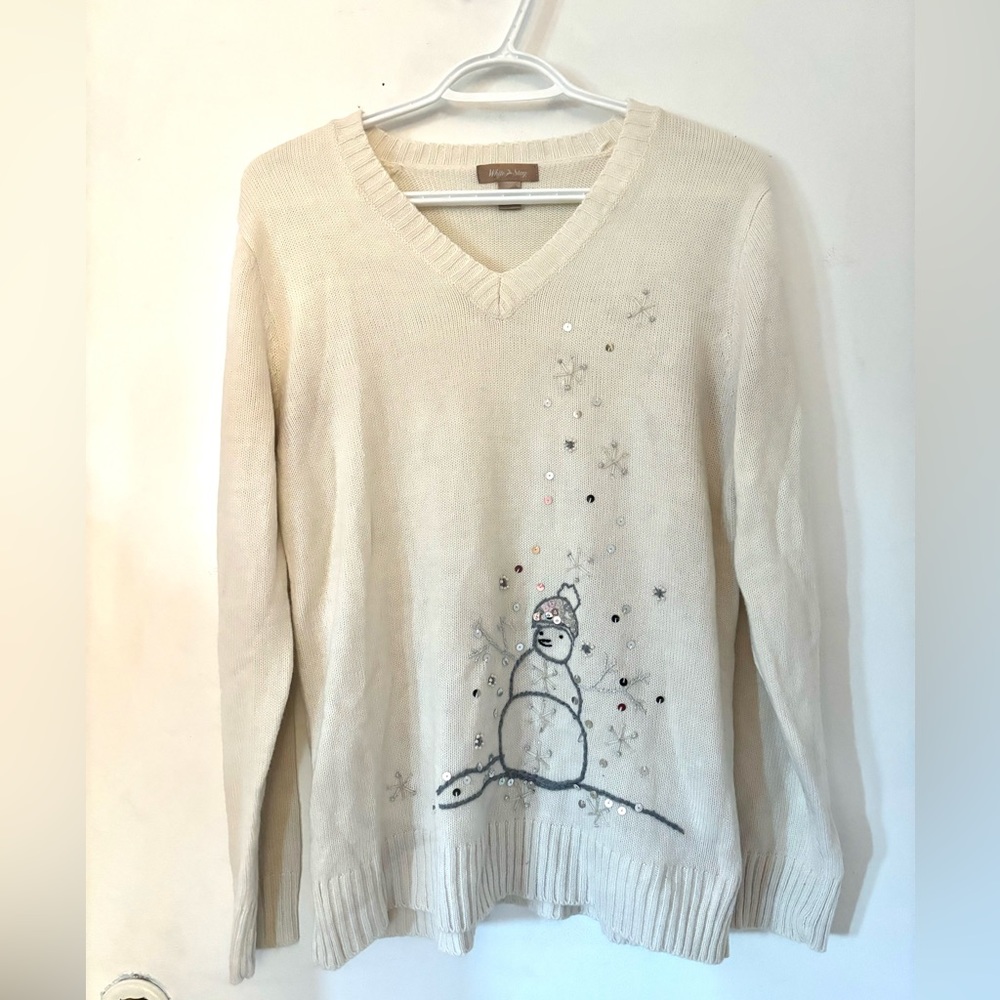Vintage Christmas white sweater v-neck Frosty the snowman embroidered sequins